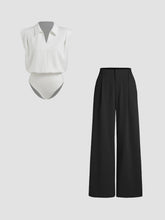 V-neck Ruched Oversized Shirt Bodysuit & High Waist Solid Pleated Wide Leg Trousers