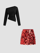 Knit Asymmetrical Neck Solid Ruched Long Sleeve Top & Sequin Mid Waist Mini Skirt