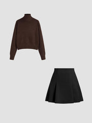 Knit High Neck Solid Long Sleeve Top&Solid Mid Waist Pleated Mini Skirt Set