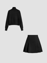Knit High Neck Solid Long Sleeve Top&Solid Mid Waist Pleated Mini Skirt Set