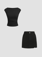 Boat Neck Solid Ruched Tank Top&Denim Solid High Waist Split Mini Skirt Set