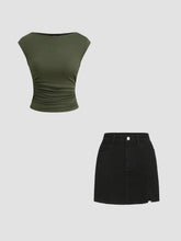 Boat Neck Solid Ruched Tank Top&Denim Solid High Waist Split Mini Skirt Set