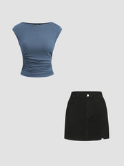 Boat Neck Solid Ruched Tank Top&Denim Solid High Waist Split Mini Skirt Set
