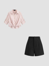 Striped Knotted Long Sleeve Shirt & 100% Cotton High Rise Solid Shorts