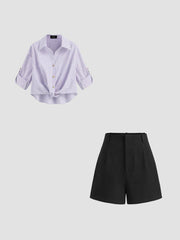 Striped Knotted Long Sleeve Shirt & 100% Cotton High Rise Solid Shorts