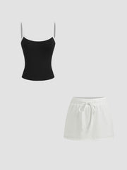 U-neckline Two Tone Cami Top & Cotton-blend Low Rise Knotted Mini Skort
