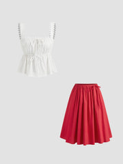 100% Cotton Broderie Anglaise Tie Front Bow Top & Voluminous 100%Cotton Mid Rise Knotted Ruffle Midi Skirt