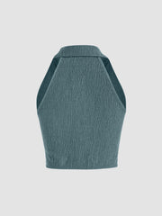 Solid Texture Collar Crop Top