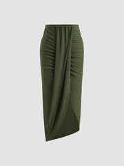 Rib Solid Ruched Slit Midi Skirt