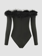 Solid Off-shoulder Fluffy Knitted Bodysuit