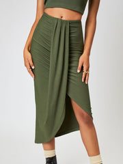 Rib Solid Ruched Slit Midi Skirt