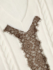 Solid V-neck Lace Trim Oversized Knitted Top