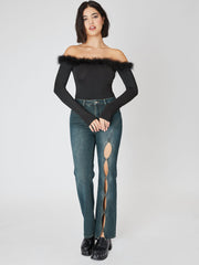 Solid Off-shoulder Fluffy Knitted Bodysuit
