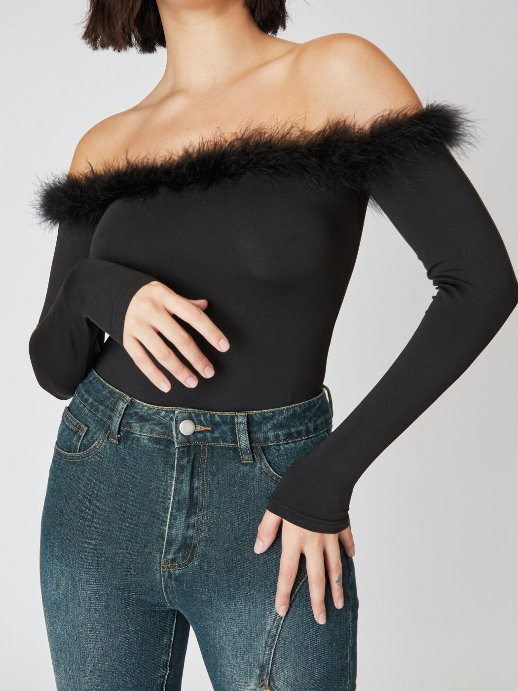 Solid Off-shoulder Fluffy Knitted Bodysuit