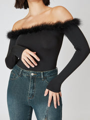 Solid Off-shoulder Fluffy Knitted Bodysuit