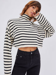 Striped High Neck Oversized Crop Sweater