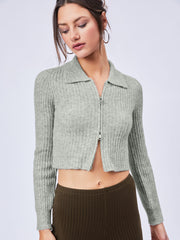Wool-blend Knit Zipper Long Sleeve Collared Top