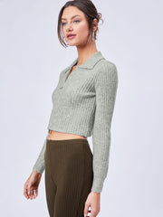 Wool-blend Knit Zipper Long Sleeve Collared Top