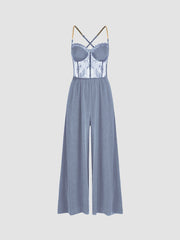 Solid Lace Corset Chain Cross Wide Leg Jumpsuit