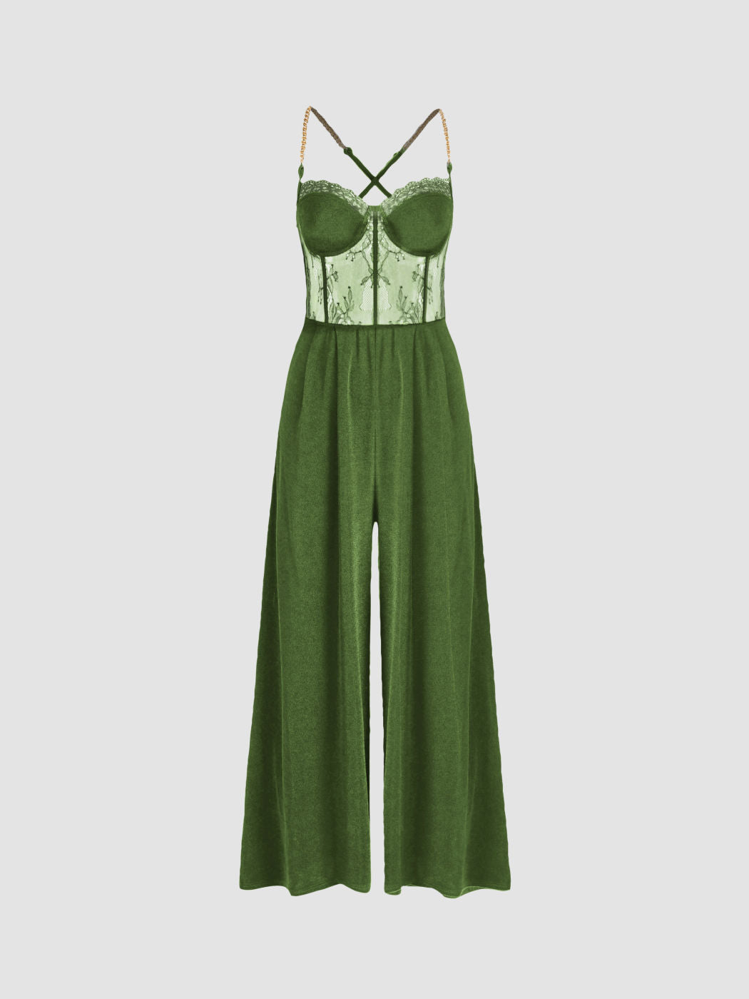 Solid Lace Corset Chain Cross Wide Leg Jumpsuit