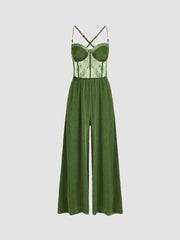 Solid Lace Corset Chain Cross Wide Leg Jumpsuit