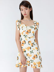 Lemon Print Ruffle Hem Tie Shoulder Mini Dress