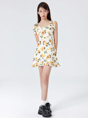 Lemon Print Ruffle Hem Tie Shoulder Mini Dress