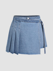 Denim Pleated Belted Wide Leg Shorts Curve & Plus