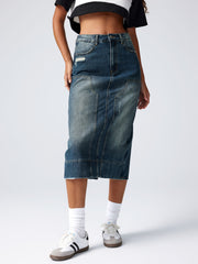 Denim Patchy Split Maxi Skirt