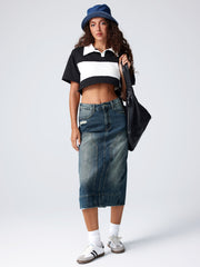 Denim Patchy Split Maxi Skirt