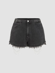 Denim Raw Hem Chain Detail Ultra Shorts Curve & Plus