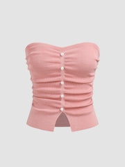 Faux Pearl Split Ruched Knit Crop Top