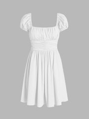 Linen-Blend Ruched Ruffle Square Neck Mini Dress