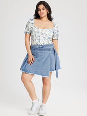 Denim Pleated Belted Wide Leg Shorts Curve & Plus