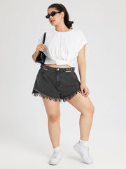 Denim Raw Hem Chain Detail Ultra Shorts Curve & Plus