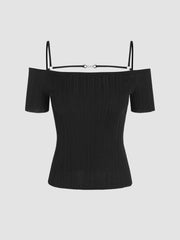 Wool-blend Off-shoulder Knitted Short Sleeve Crop Top