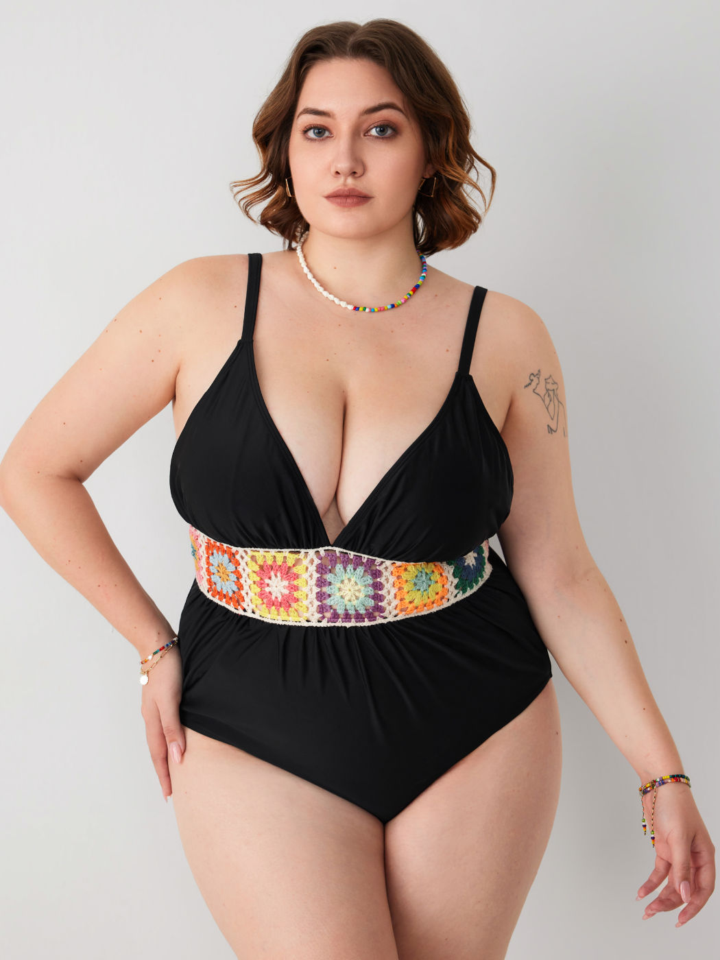 Color Crochet Corset Ruched One Piece Swimsuit Curve & Plus