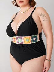 Color Crochet Corset Ruched One Piece Swimsuit Curve & Plus