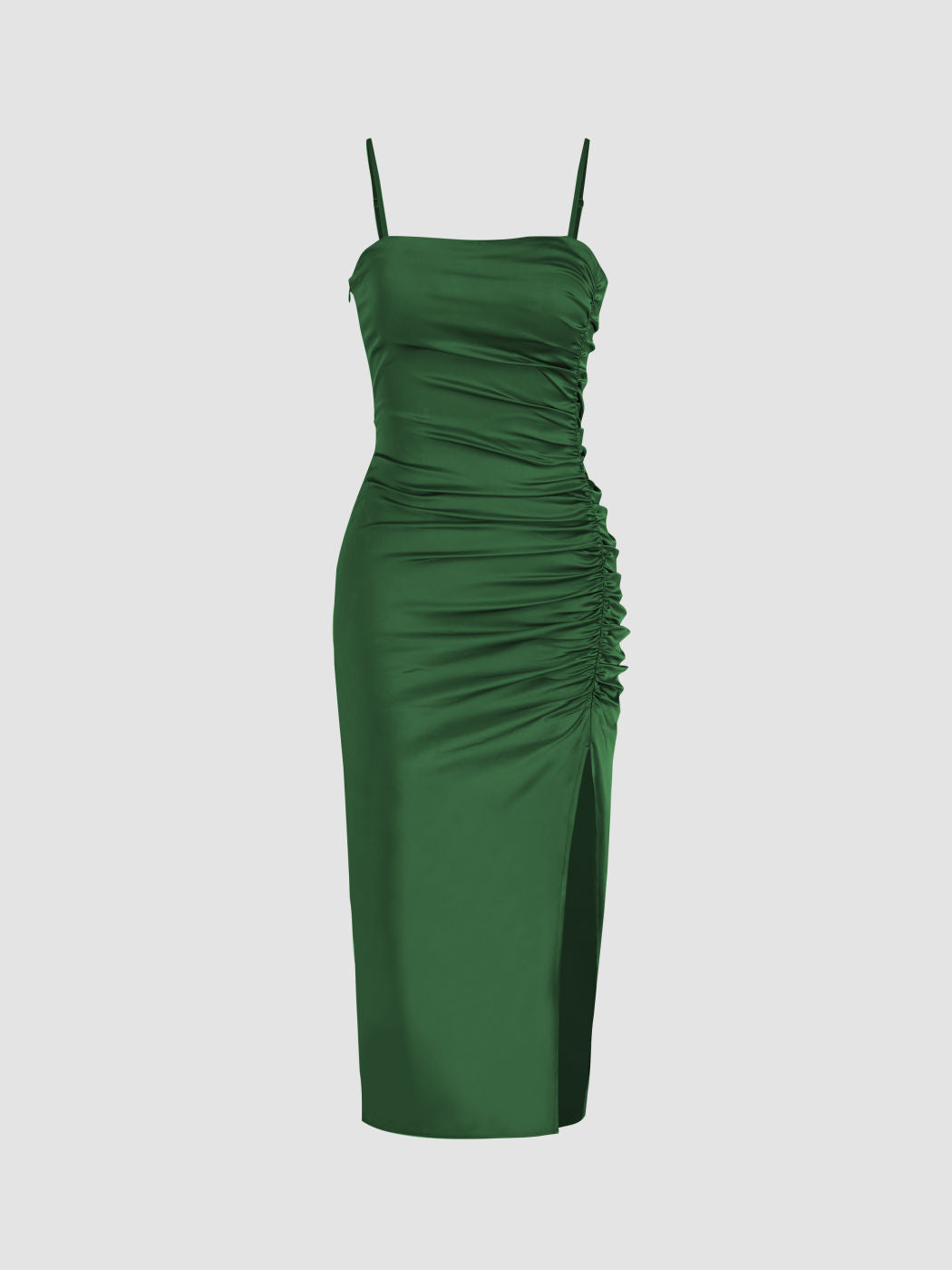 Solid Satin Ruched Split Midi Cami Dress