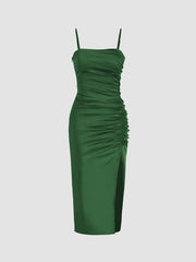Solid Satin Ruched Split Midi Cami Dress