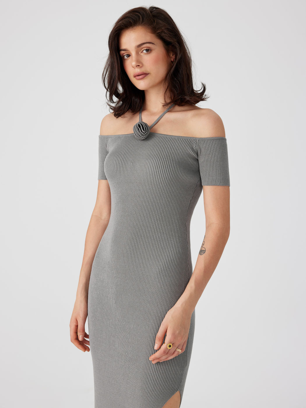 Knit Rosette Split Off-shoulder Midi Dress