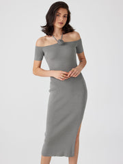 Knit Rosette Split Off-shoulder Midi Dress