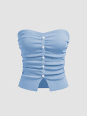Faux Pearl Split Ruched Knit Crop Top