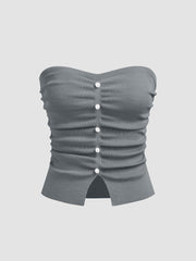 Faux Pearl Split Ruched Knit Crop Top