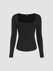 Square Neck Solid Long Sleeve Tee