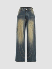 Mid Waist Washed Button Straight Leg Jeans