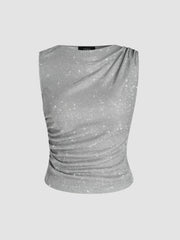 Round Neck Ruched Glitter Asymmetrical Tank Top