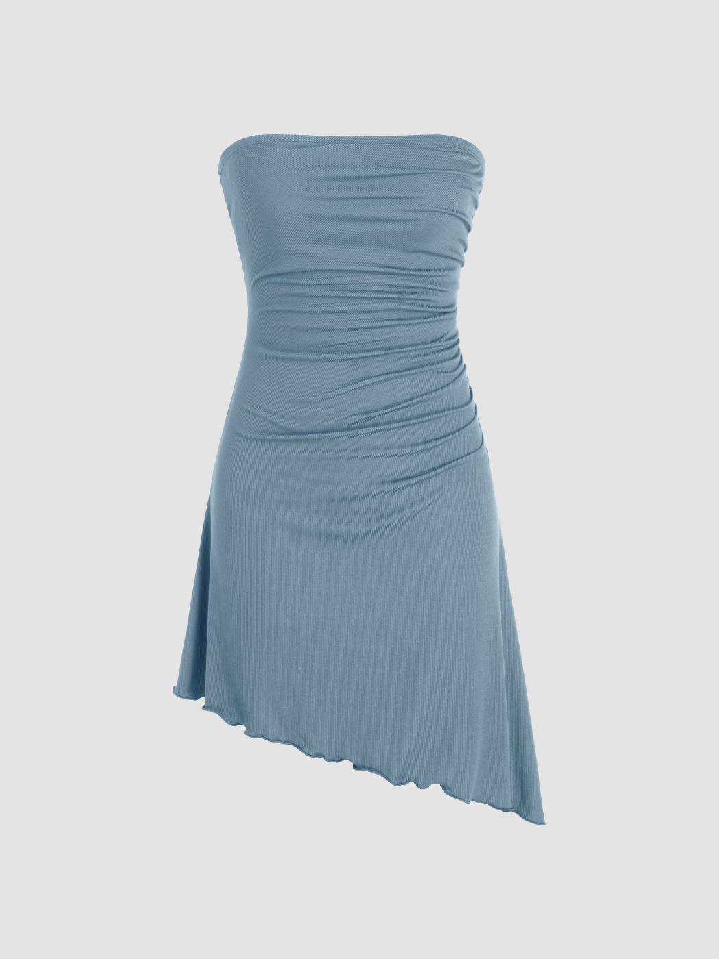Solid Ruched Asymmetrical Ruffle Hem Tube Mini Dress