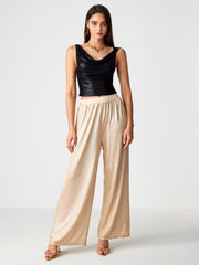 Solid Elastic Waist Wide Leg Trousers