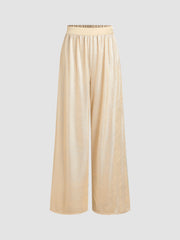 Solid Elastic Waist Wide Leg Trousers